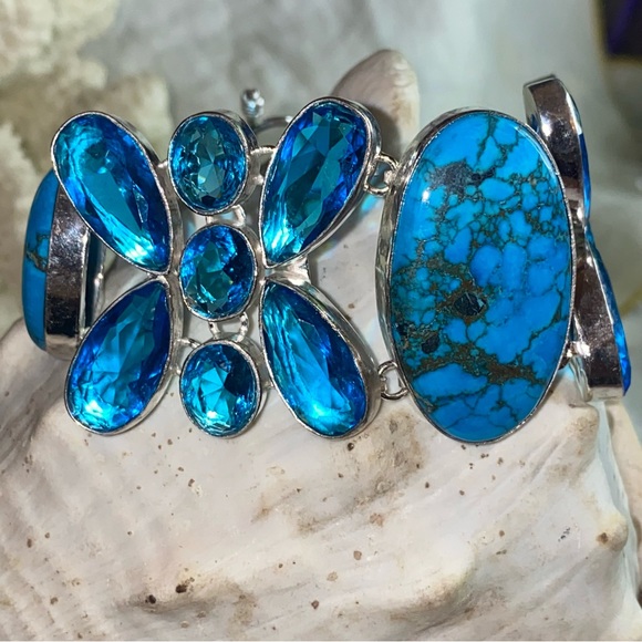 Gorgeous Tibetan Turquoise + Blue Topaz cluster statement cuff bracelet - Picture 6 of 15
